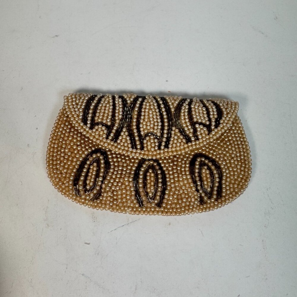 Vintage John Wind Beaded Evening Small Clutch Beige & Brown Pattern Faux Pearls‎